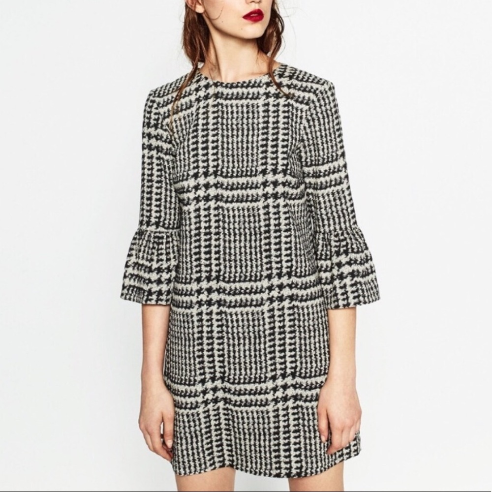 Zara Bell Sleeve Houndstooth Shift Dress